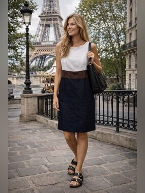 Brooks Brothers Linen Colorblock Dress Shift  Navy Tan Ivory Size 14 EUC